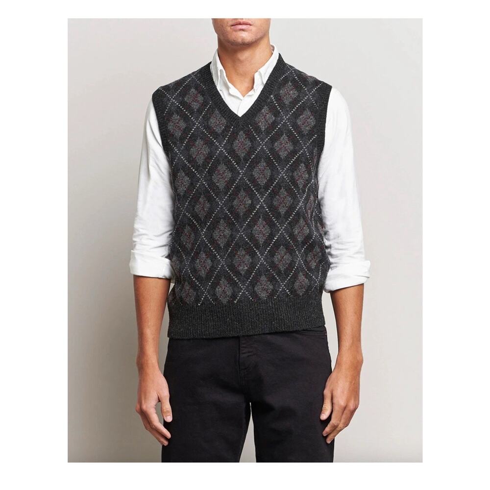Ralph Lauren Charcoal Wool Argyle Pullover V-Neck Vest Sz XL $298 Preppy Heritag